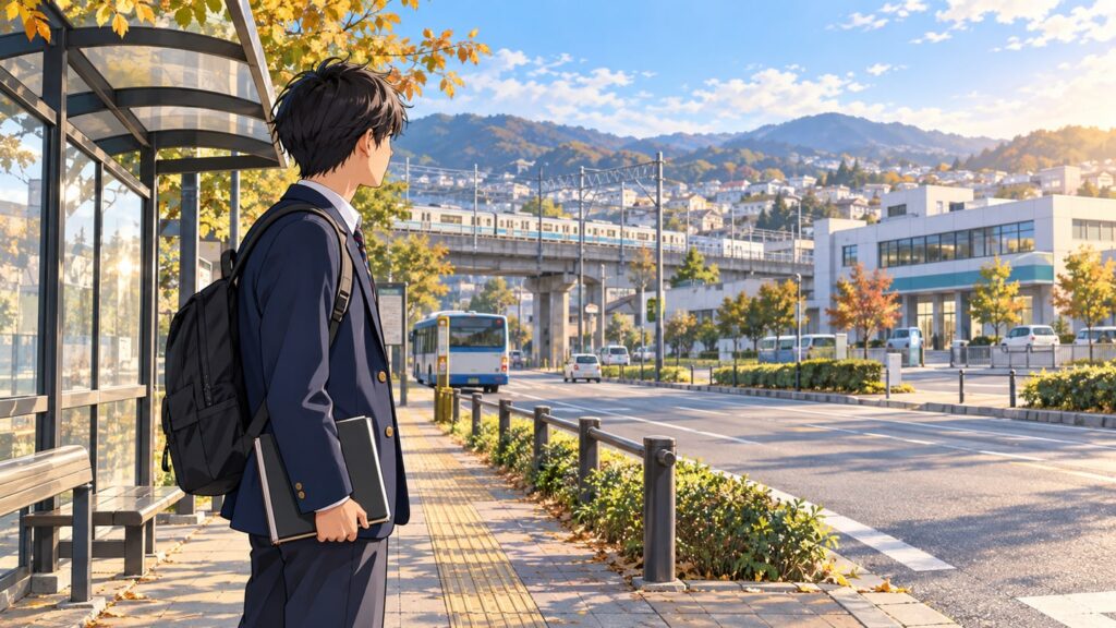 バス停の歩道で、地域の職場と交通機関を見渡す高校生