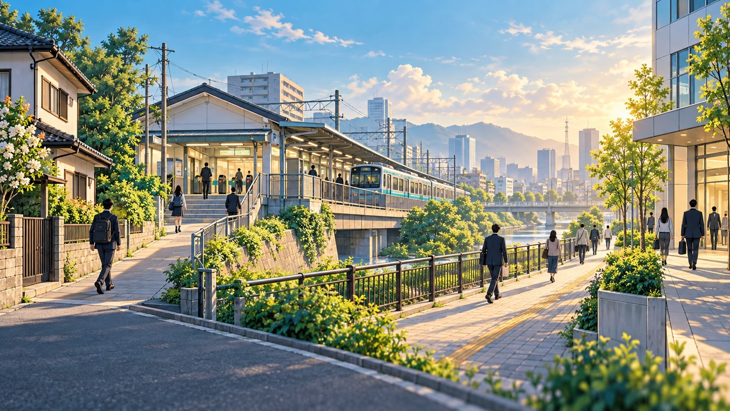 自宅から駅を通り職場の入口まで続く徒歩と鉄道の通勤経路のイラスト