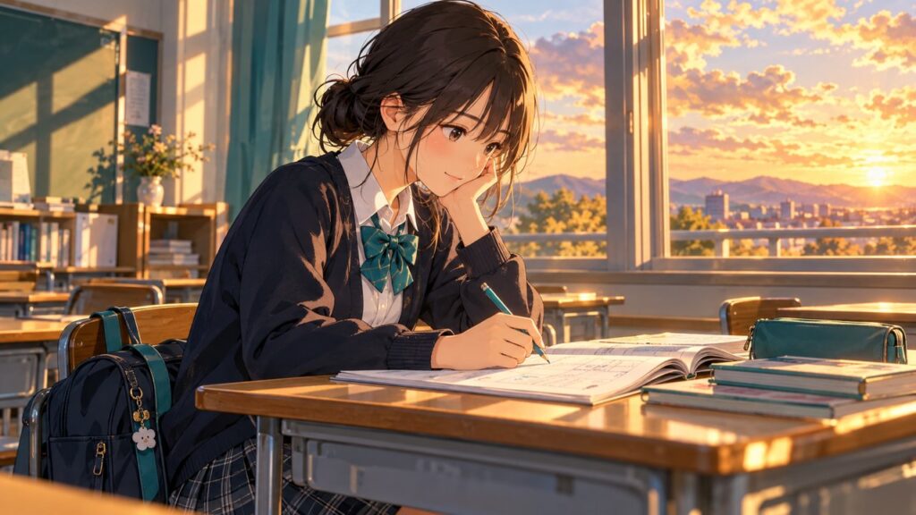 放課後の教室でノートを見直す高校生のイラスト