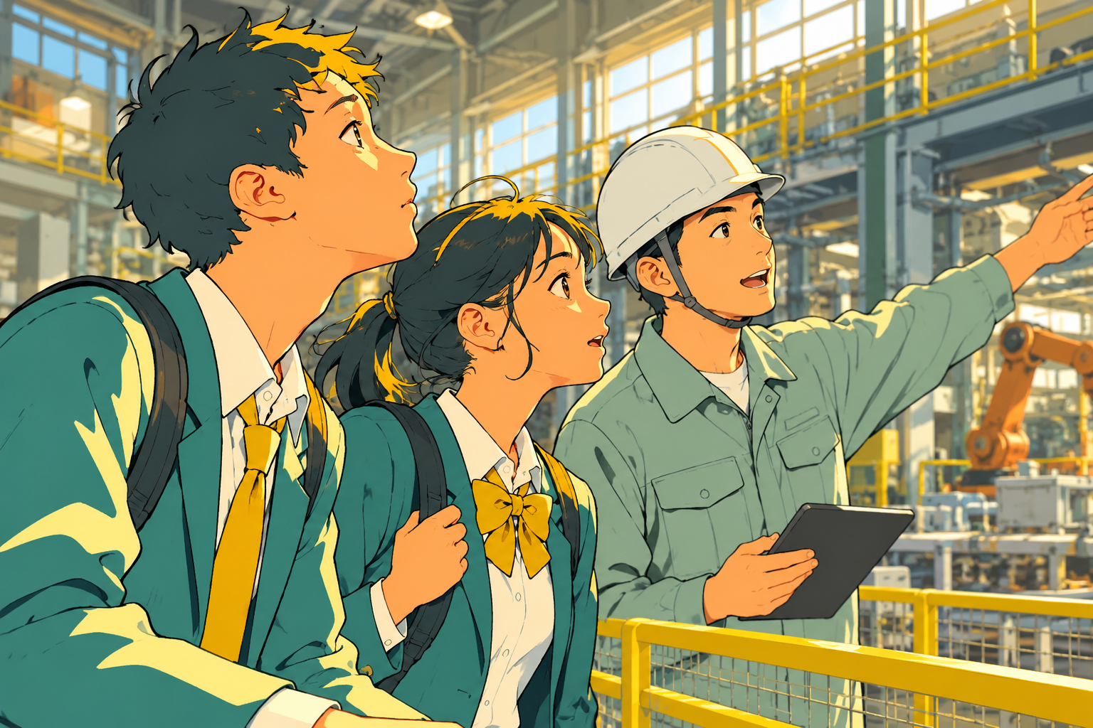職場見学で案内を聞く高校生たちのイラスト