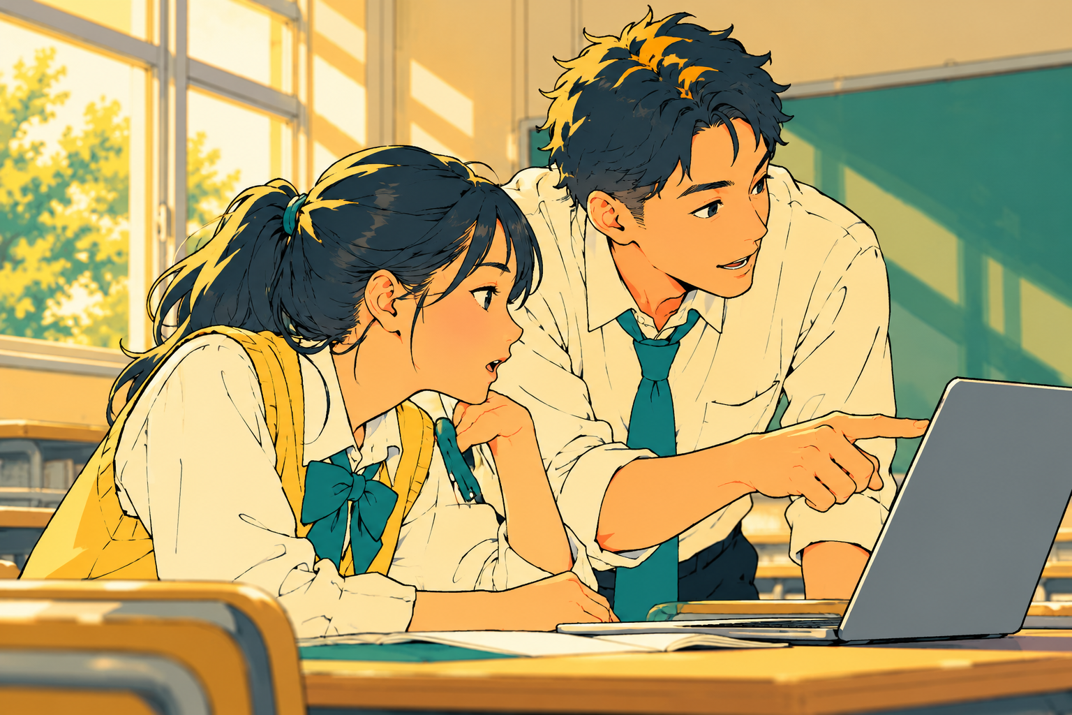先生と生徒が企業の情報を調べるイラスト