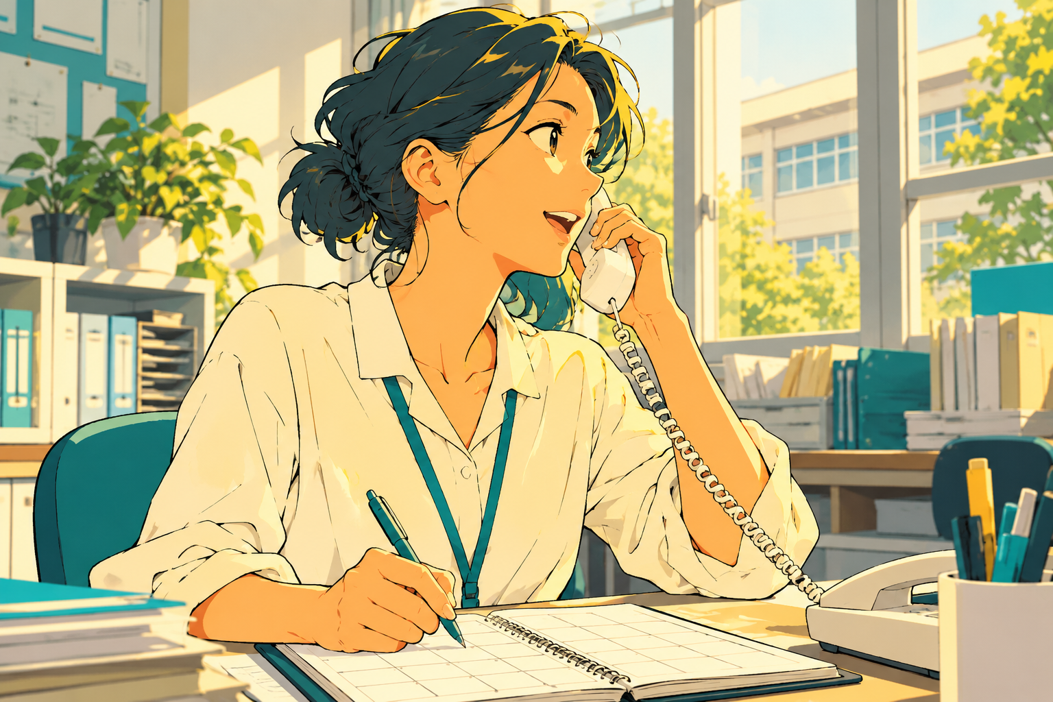 先生が電話で見学について相談するイラスト