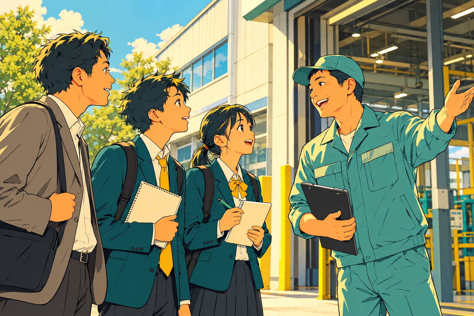 先生と生徒を企業の担当者が迎えるイラスト