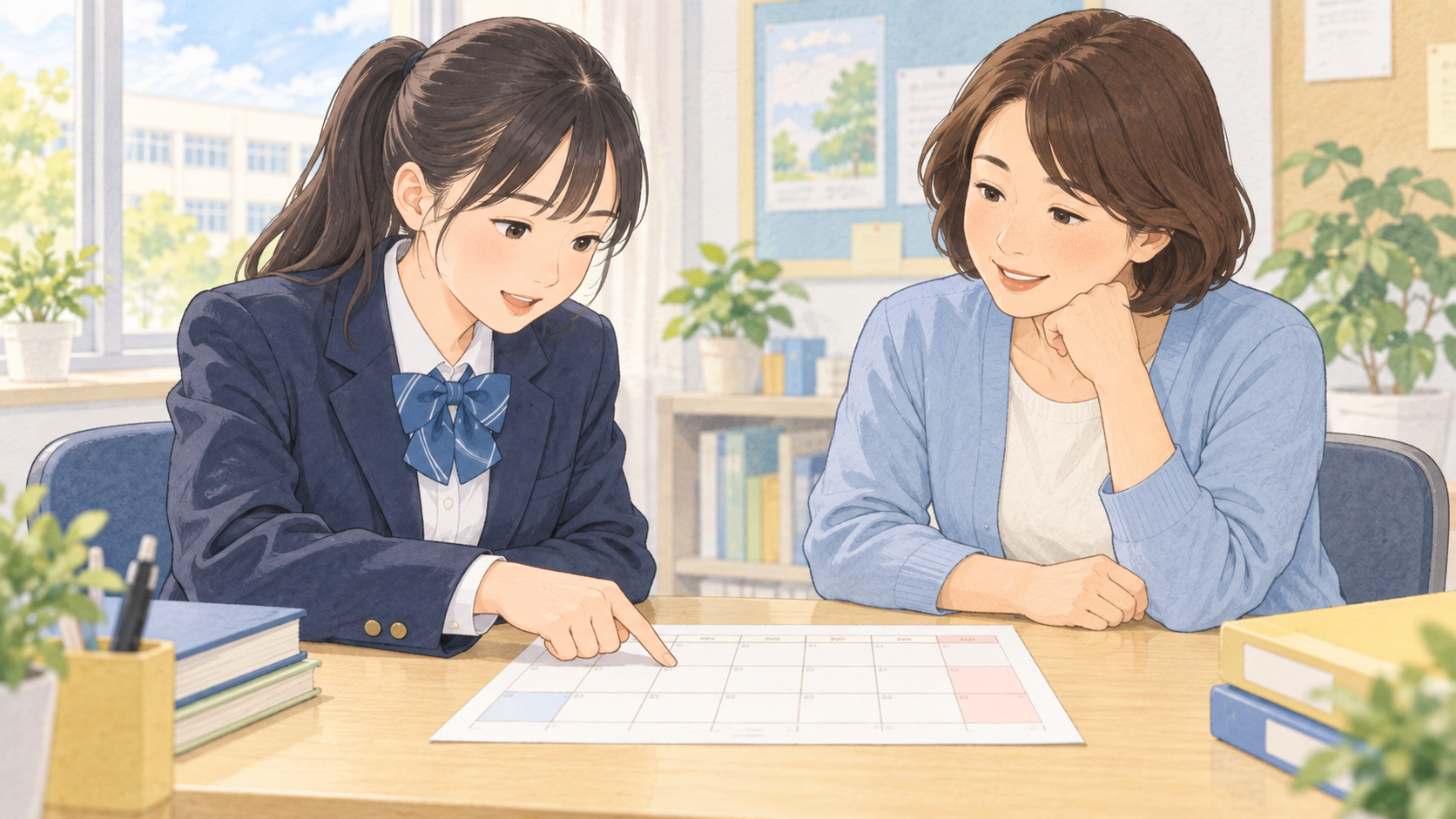 会社の案内と学校の予定を先生と確認する高校生のイラスト