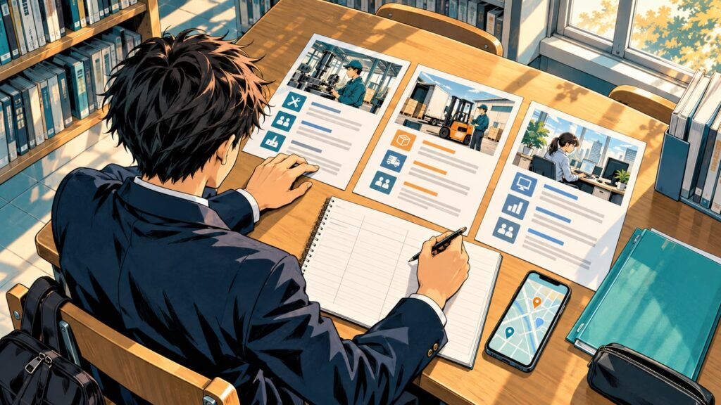 複数の企業情報を机に並べて比較する高校生
