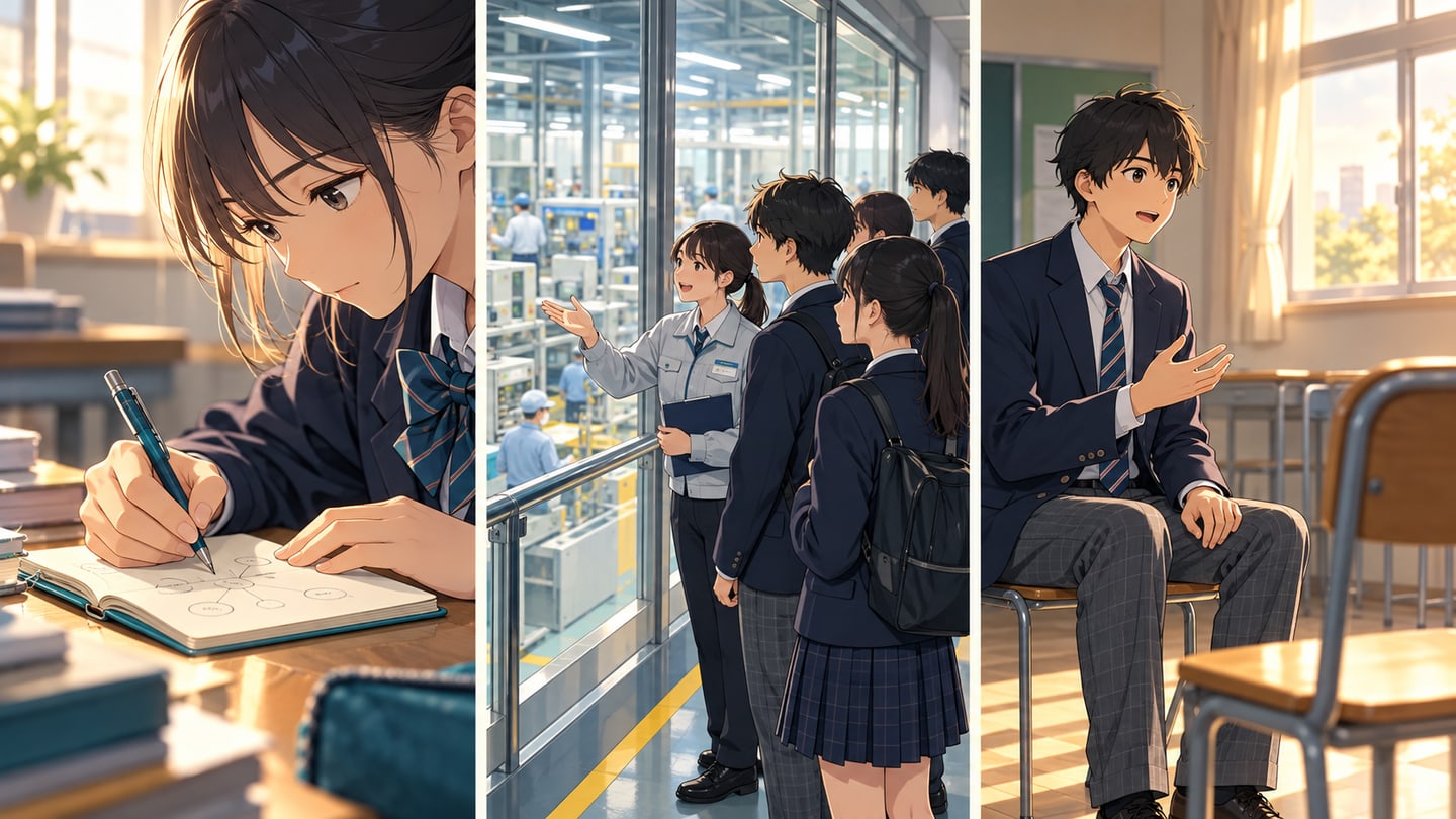 経験をノートに記録し、職場を見学し、面接の話し方を練習する高校生の準備場面